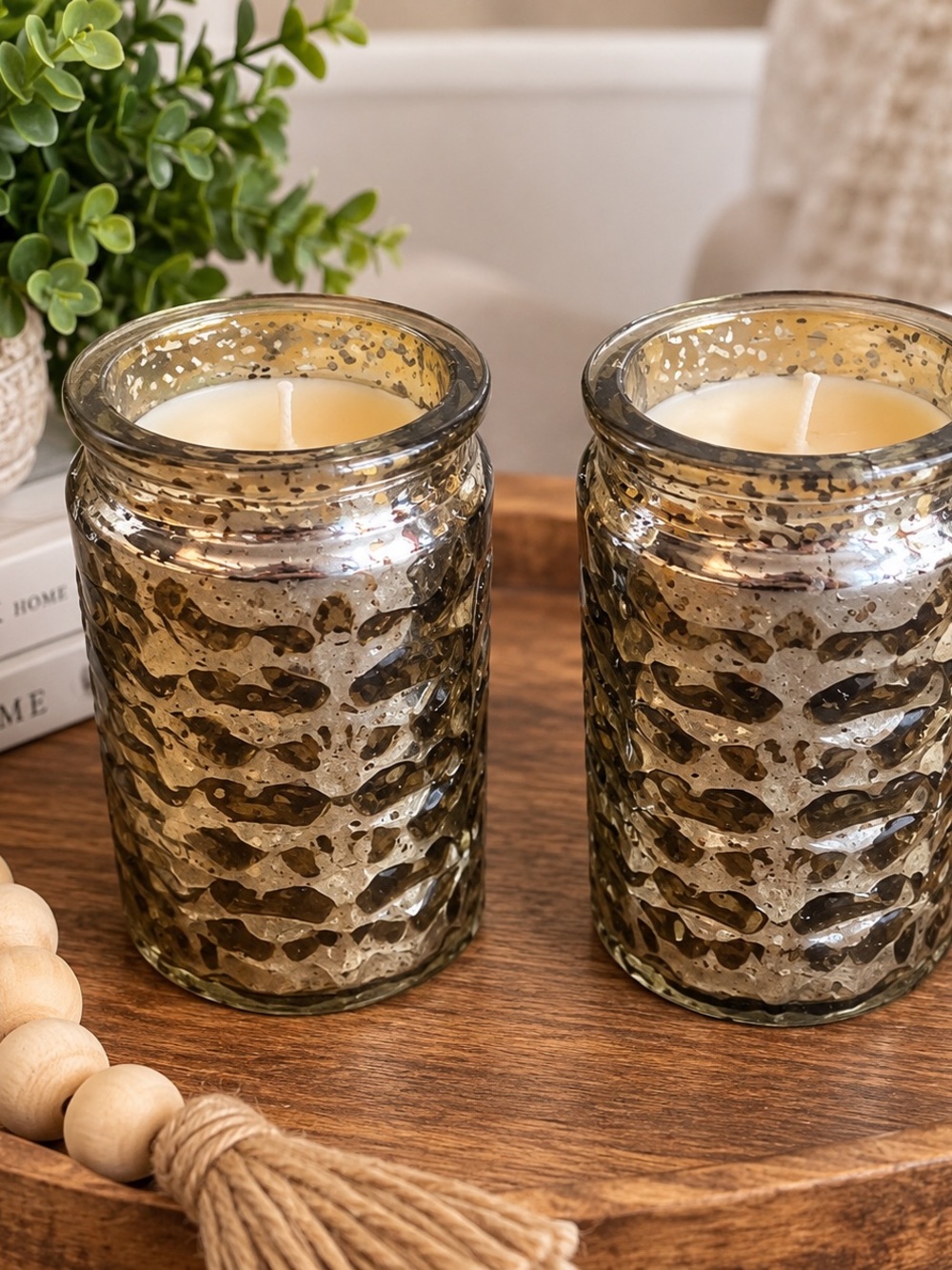 Mercury Glass Scented Pillar Candle Jars - Set of 2 Sweet Grace Scent
